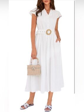 Classic White Button-Front Midi Dress with Belt